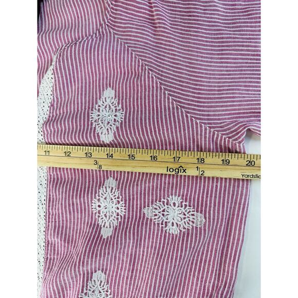Women’s Pink White Striped Top Embroidered Lace Elastic Waist 3/4 Sleeves - Picture 12 of 13